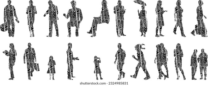Vector illustration, Outline silhouettes of people, Contour drawing, people silhouette, Icon Set Isolated , Silhouette of sitting people, Architectural set	
