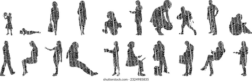 Vector illustration, Outline silhouettes of people, Contour drawing, people silhouette, Icon Set Isolated , Silhouette of sitting people, Architectural set	
