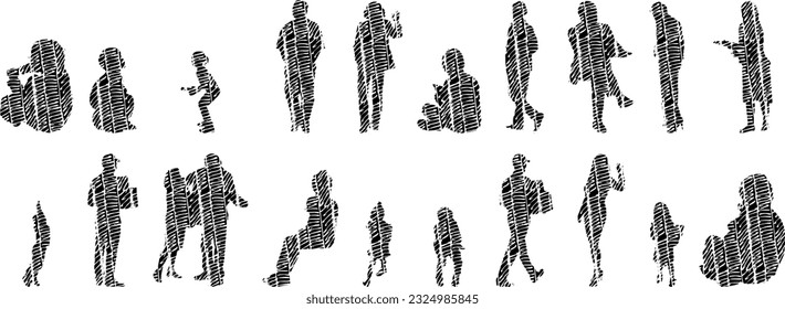 Vector illustration, Outline silhouettes of people, Contour drawing, people silhouette, Icon Set Isolated , Silhouette of sitting people, Architectural set	
