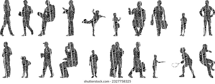 Vector illustration, Outline silhouettes of people, Contour drawing, people silhouette, Icon Set Isolated , Silhouette of sitting people, Architectural set	
