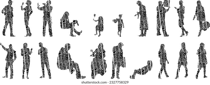 Vector illustration, Outline silhouettes of people, Contour drawing, people silhouette, Icon Set Isolated , Silhouette of sitting people, Architectural set	
