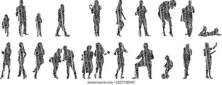 Vector illustration, Outline silhouettes of people, Contour drawing, people silhouette, Icon Set Isolated , Silhouette of sitting people, Architectural set	
