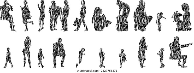 Vector illustration, Outline silhouettes of people, Contour drawing, people silhouette, Icon Set Isolated , Silhouette of sitting people, Architectural set	
