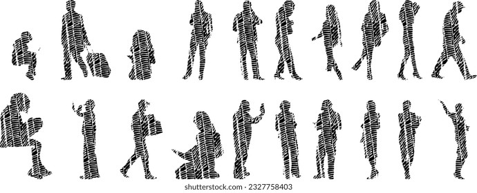 Vector illustration, Outline silhouettes of people, Contour drawing, people silhouette, Icon Set Isolated , Silhouette of sitting people, Architectural set	

