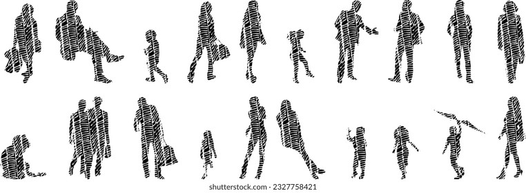 Vector illustration, Outline silhouettes of people, Contour drawing, people silhouette, Icon Set Isolated , Silhouette of sitting people, Architectural set	
