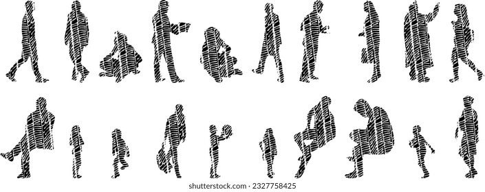 Vector illustration, Outline silhouettes of people, Contour drawing, people silhouette, Icon Set Isolated , Silhouette of sitting people, Architectural set	
