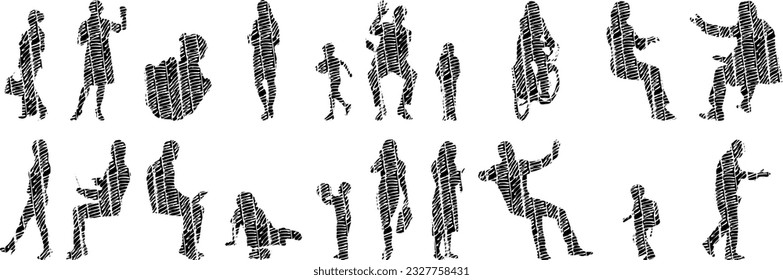 Vector illustration, Outline silhouettes of people, Contour drawing, people silhouette, Icon Set Isolated , Silhouette of sitting people, Architectural set	
