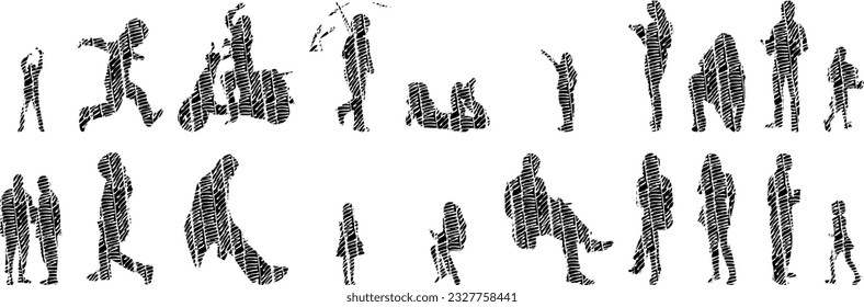 Vector illustration, Outline silhouettes of people, Contour drawing, people silhouette, Icon Set Isolated , Silhouette of sitting people, Architectural set	
