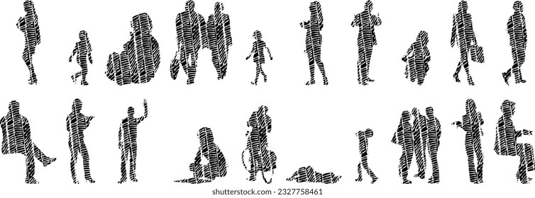 Vector illustration, Outline silhouettes of people, Contour drawing, people silhouette, Icon Set Isolated , Silhouette of sitting people, Architectural set	
