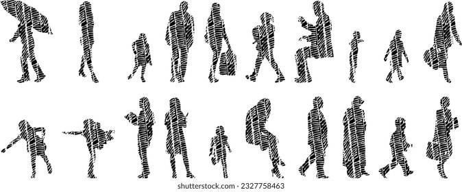 Vector illustration, Outline silhouettes of people, Contour drawing, people silhouette, Icon Set Isolated , Silhouette of sitting people, Architectural set	
