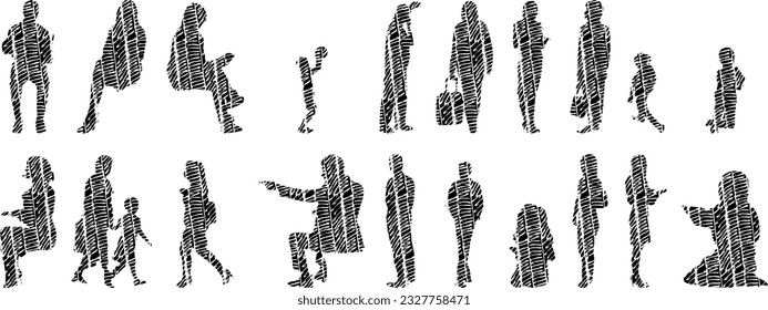 Vector illustration, Outline silhouettes of people, Contour drawing, people silhouette, Icon Set Isolated , Silhouette of sitting people, Architectural set	
