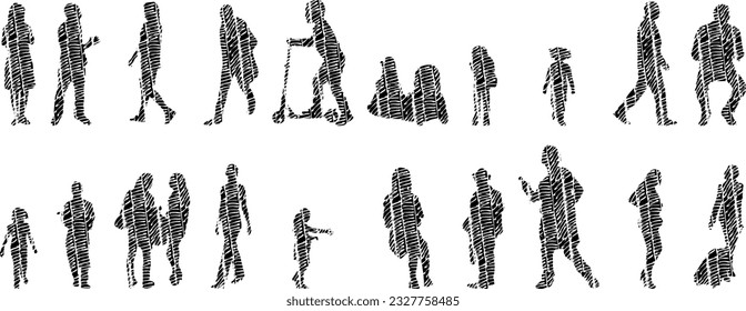 Vector illustration, Outline silhouettes of people, Contour drawing, people silhouette, Icon Set Isolated , Silhouette of sitting people, Architectural set	
