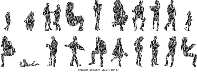 Vector illustration, Outline silhouettes of people, Contour drawing, people silhouette, Icon Set Isolated , Silhouette of sitting people, Architectural set	
