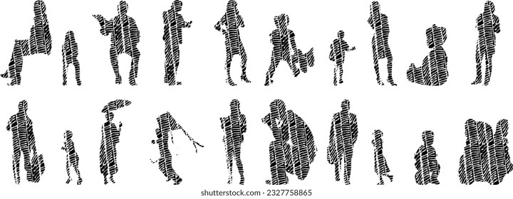 Vector illustration, Outline silhouettes of people, Contour drawing, people silhouette, Icon Set Isolated , Silhouette of sitting people, Architectural set	
