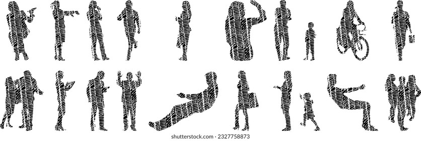 Vector illustration, Outline silhouettes of people, Contour drawing, people silhouette, Icon Set Isolated , Silhouette of sitting people, Architectural set	
