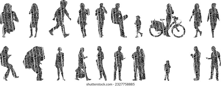 Vector illustration, Outline silhouettes of people, Contour drawing, people silhouette, Icon Set Isolated , Silhouette of sitting people, Architectural set	
