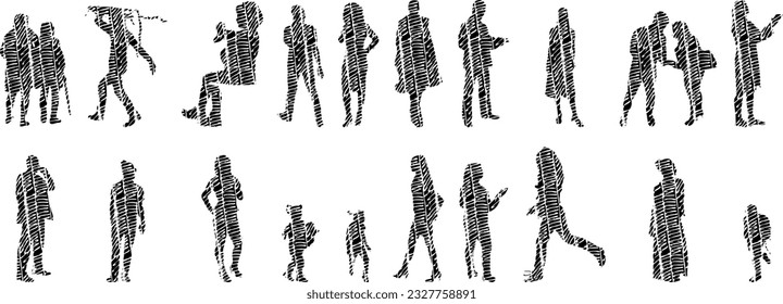 Vector illustration, Outline silhouettes of people, Contour drawing, people silhouette, Icon Set Isolated , Silhouette of sitting people, Architectural set	
