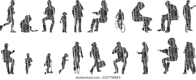 Vector illustration, Outline silhouettes of people, Contour drawing, people silhouette, Icon Set Isolated , Silhouette of sitting people, Architectural set	
