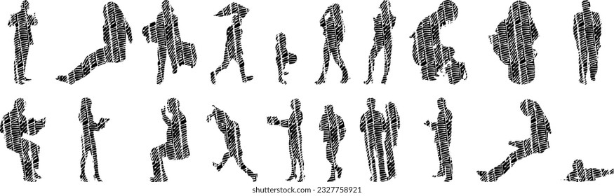 Vector illustration, Outline silhouettes of people, Contour drawing, people silhouette, Icon Set Isolated , Silhouette of sitting people, Architectural set	
