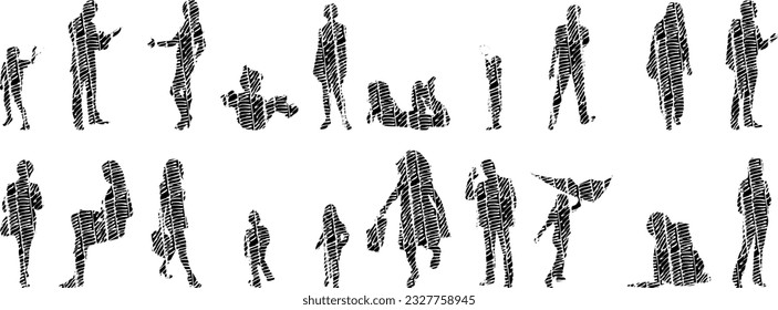 Vector illustration, Outline silhouettes of people, Contour drawing, people silhouette, Icon Set Isolated , Silhouette of sitting people, Architectural set	

