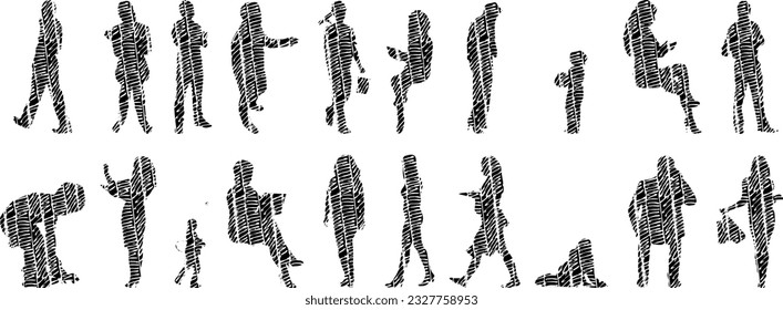 Vector illustration, Outline silhouettes of people, Contour drawing, people silhouette, Icon Set Isolated , Silhouette of sitting people, Architectural set	
