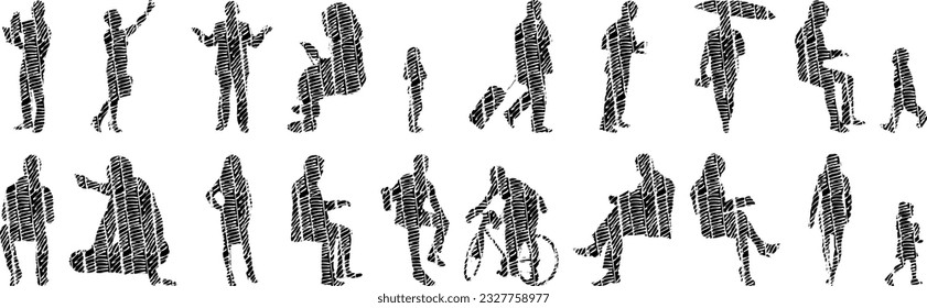 Vector illustration, Outline silhouettes of people, Contour drawing, people silhouette, Icon Set Isolated , Silhouette of sitting people, Architectural set	
