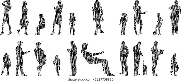 Vector illustration, Outline silhouettes of people, Contour drawing, people silhouette, Icon Set Isolated , Silhouette of sitting people, Architectural set	
