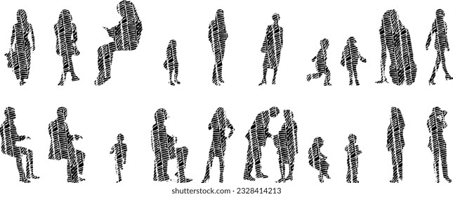 Vector illustration, Outline silhouettes of people, Contour drawing, people silhouette, Icon Set Isolated , Silhouette of sitting people, Architectural set	
