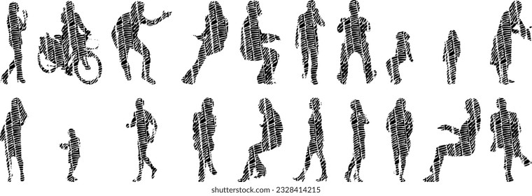 Vector illustration, Outline silhouettes of people, Contour drawing, people silhouette, Icon Set Isolated , Silhouette of sitting people, Architectural set	
