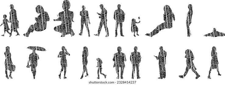 Vector illustration, Outline silhouettes of people, Contour drawing, people silhouette, Icon Set Isolated , Silhouette of sitting people, Architectural set	
