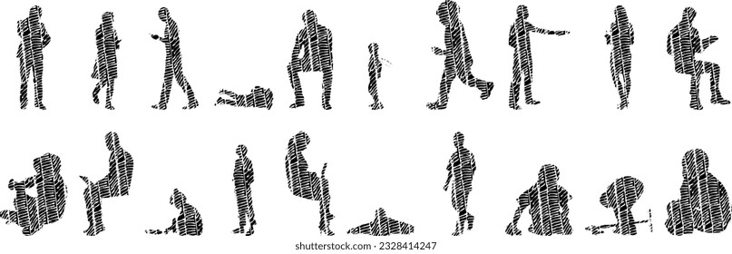 Vector illustration, Outline silhouettes of people, Contour drawing, people silhouette, Icon Set Isolated , Silhouette of sitting people, Architectural set	
