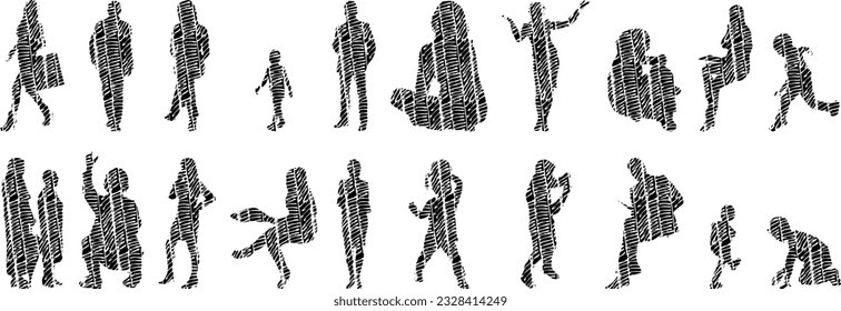 Vector illustration, Outline silhouettes of people, Contour drawing, people silhouette, Icon Set Isolated , Silhouette of sitting people, Architectural set	
