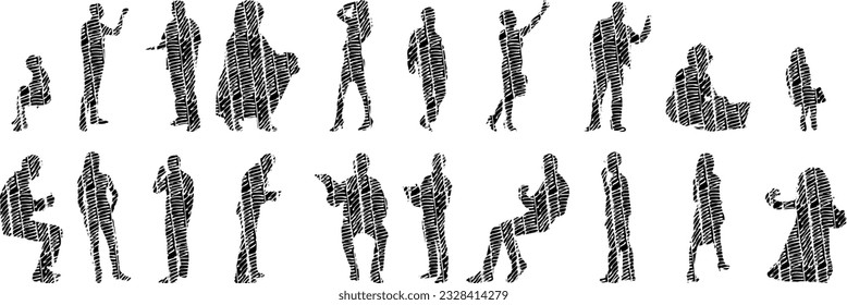 Vector illustration, Outline silhouettes of people, Contour drawing, people silhouette, Icon Set Isolated , Silhouette of sitting people, Architectural set	
