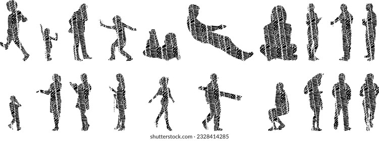 Vector illustration, Outline silhouettes of people, Contour drawing, people silhouette, Icon Set Isolated , Silhouette of sitting people, Architectural set	
