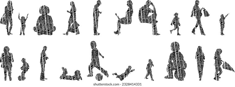 Vector illustration, Outline silhouettes of people, Contour drawing, people silhouette, Icon Set Isolated , Silhouette of sitting people, Architectural set	
