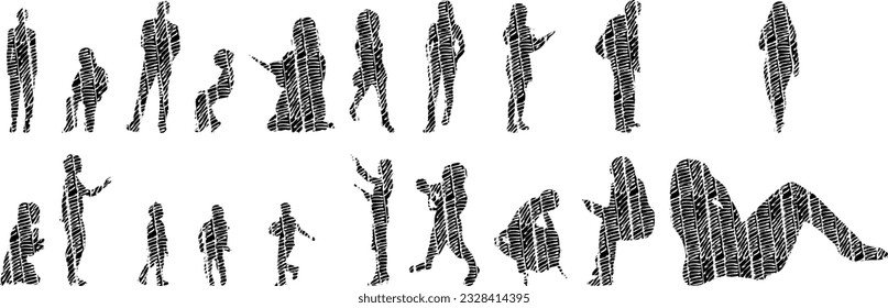 Vector illustration, Outline silhouettes of people, Contour drawing, people silhouette, Icon Set Isolated , Silhouette of sitting people, Architectural set	
