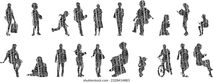 Vector illustration, Outline silhouettes of people, Contour drawing, people silhouette, Icon Set Isolated , Silhouette of sitting people, Architectural set	
