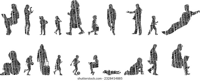 Vector illustration, Outline silhouettes of people, Contour drawing, people silhouette, Icon Set Isolated , Silhouette of sitting people, Architectural set	
