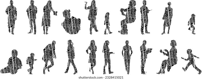 Vector illustration, Outline silhouettes of people, Contour drawing, people silhouette, Icon Set Isolated , Silhouette of sitting people, Architectural set	
