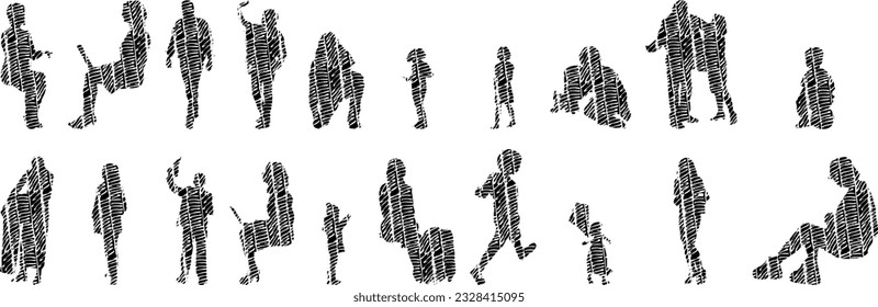 Vector illustration, Outline silhouettes of people, Contour drawing, people silhouette, Icon Set Isolated , Silhouette of sitting people, Architectural set	
