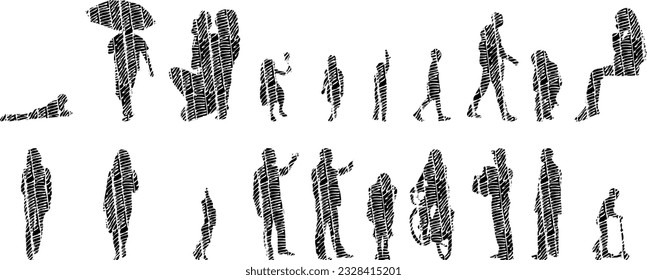 Vector illustration, Outline silhouettes of people, Contour drawing, people silhouette, Icon Set Isolated , Silhouette of sitting people, Architectural set	
