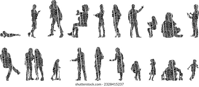 Vector illustration, Outline silhouettes of people, Contour drawing, people silhouette, Icon Set Isolated , Silhouette of sitting people, Architectural set	
