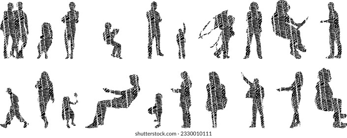Vector illustration, Outline silhouettes of people, Contour drawing, people silhouette, Icon Set Isolated , Silhouette of sitting people, Architectural set	
