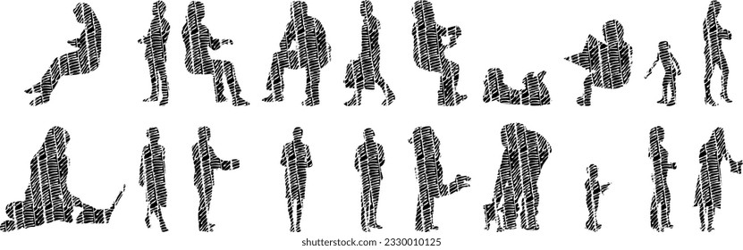 Vector illustration, Outline silhouettes of people, Contour drawing, people silhouette, Icon Set Isolated , Silhouette of sitting people, Architectural set	
