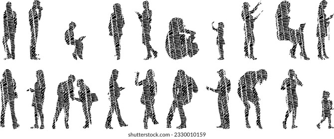 Vector illustration, Outline silhouettes of people, Contour drawing, people silhouette, Icon Set Isolated , Silhouette of sitting people, Architectural set	
