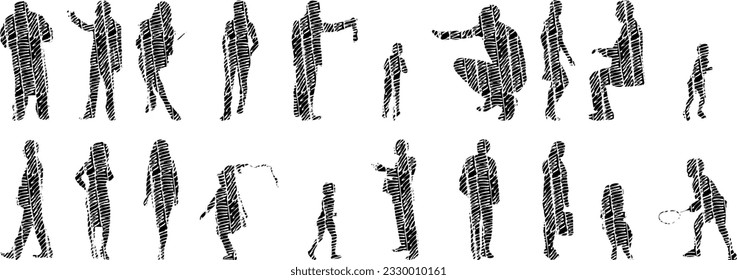 Vector illustration, Outline silhouettes of people, Contour drawing, people silhouette, Icon Set Isolated , Silhouette of sitting people, Architectural set	
