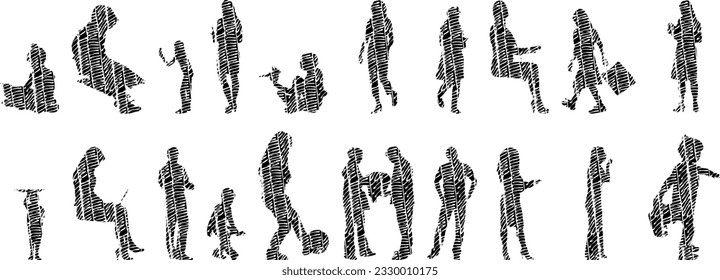 Vector illustration, Outline silhouettes of people, Contour drawing, people silhouette, Icon Set Isolated , Silhouette of sitting people, Architectural set	
