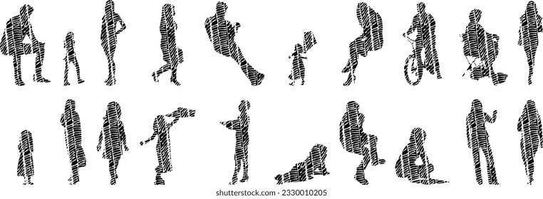 Vector illustration, Outline silhouettes of people, Contour drawing, people silhouette, Icon Set Isolated , Silhouette of sitting people, Architectural set	
