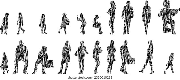 Vector illustration, Outline silhouettes of people, Contour drawing, people silhouette, Icon Set Isolated , Silhouette of sitting people, Architectural set	
