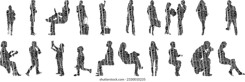 Vector illustration, Outline silhouettes of people, Contour drawing, people silhouette, Icon Set Isolated , Silhouette of sitting people, Architectural set	
